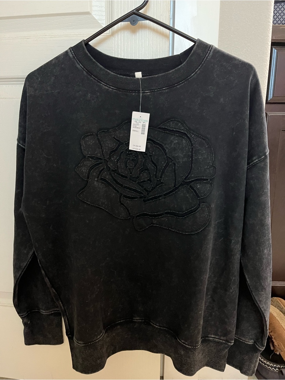 Maurices Black Washed Crewneck Sweatshirt with Tonal Rose Appliqué